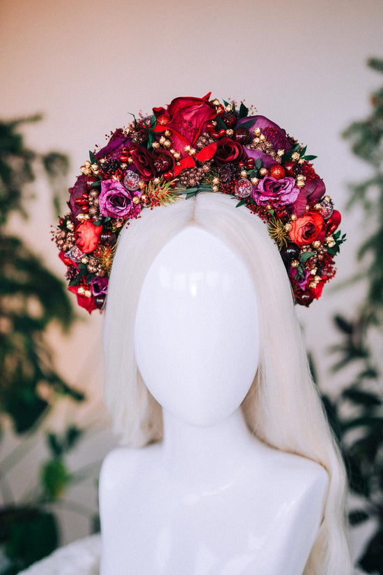 Burgundy flower crown, Winter wedding crown, Christmas party headband, Christmas flower crown, Christmas headband, Red flower crown