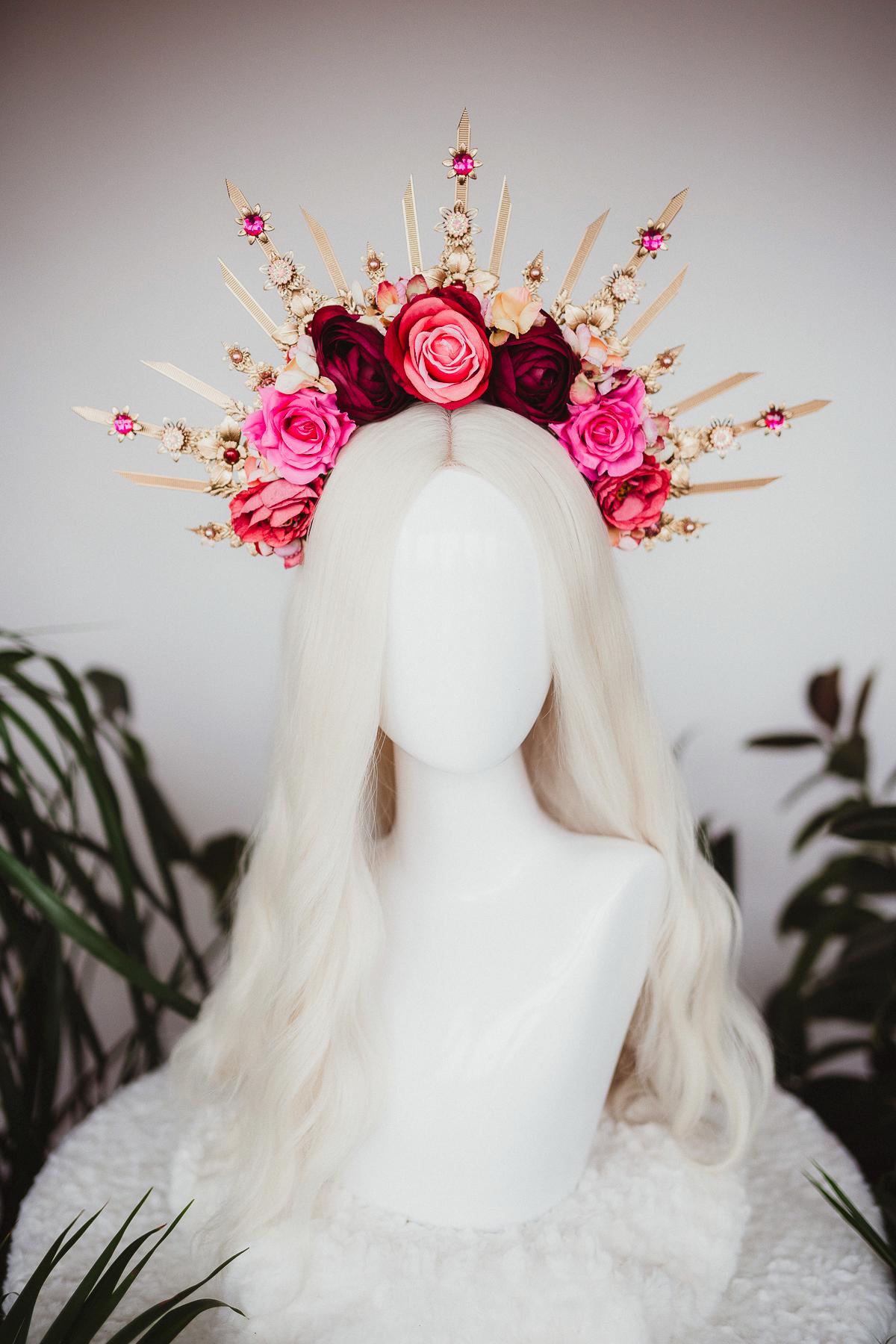 Flower halo crown, Red flower crown, Gold goddess headpiece, Wedding crown, Bridal headpiece, Gold crown, Gold halo crown