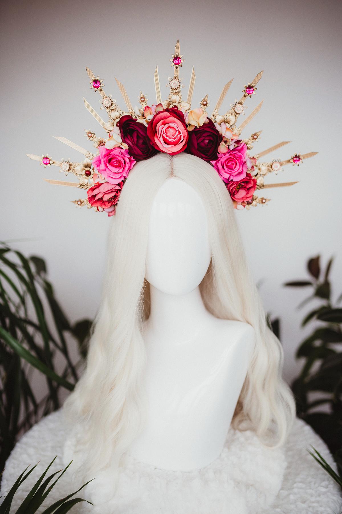 Flower halo crown, Red flower crown, Gold goddess headpiece, Wedding crown, Bridal headpiece, Gold crown, Gold halo crown