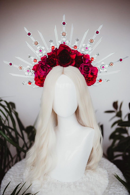 Flower halo crown, Red flower crown, Silver goddess crown, Wedding crown, Bridal headpiece, Silver crown, Silver halo crown, Bridal crown