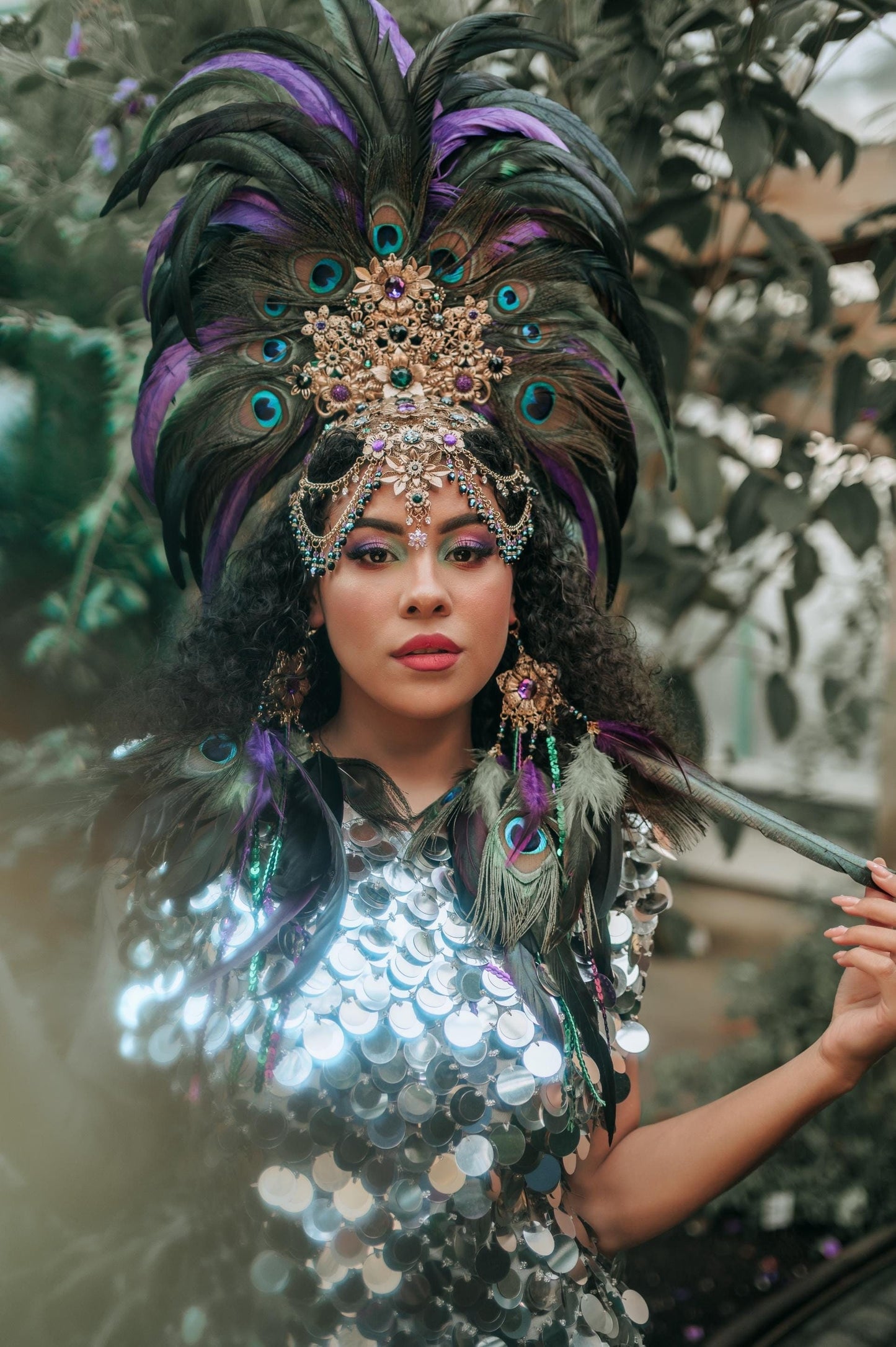 Long feather earrings and Carnival headpiece