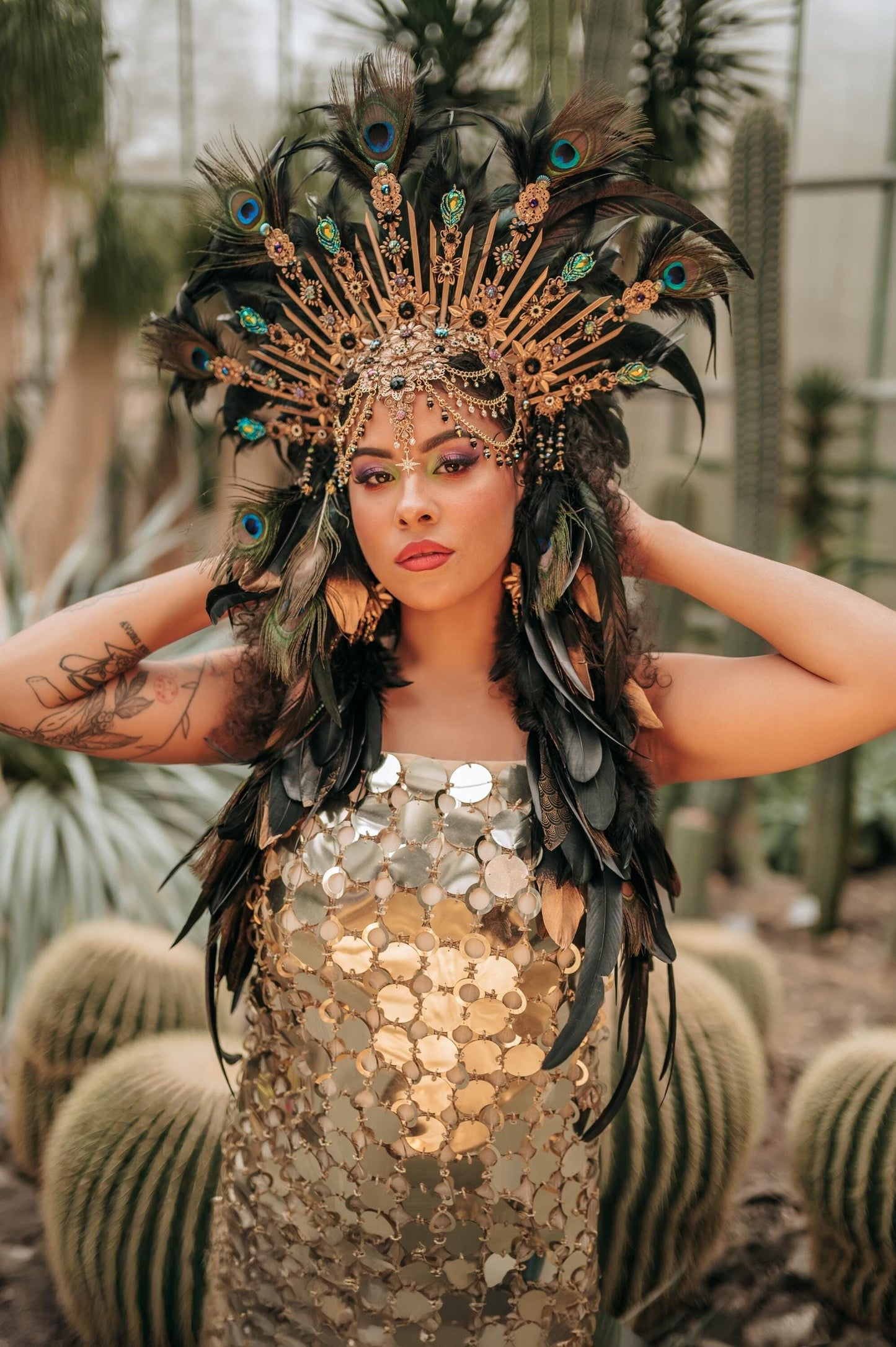 Long feather earrings and Carnival headpiece