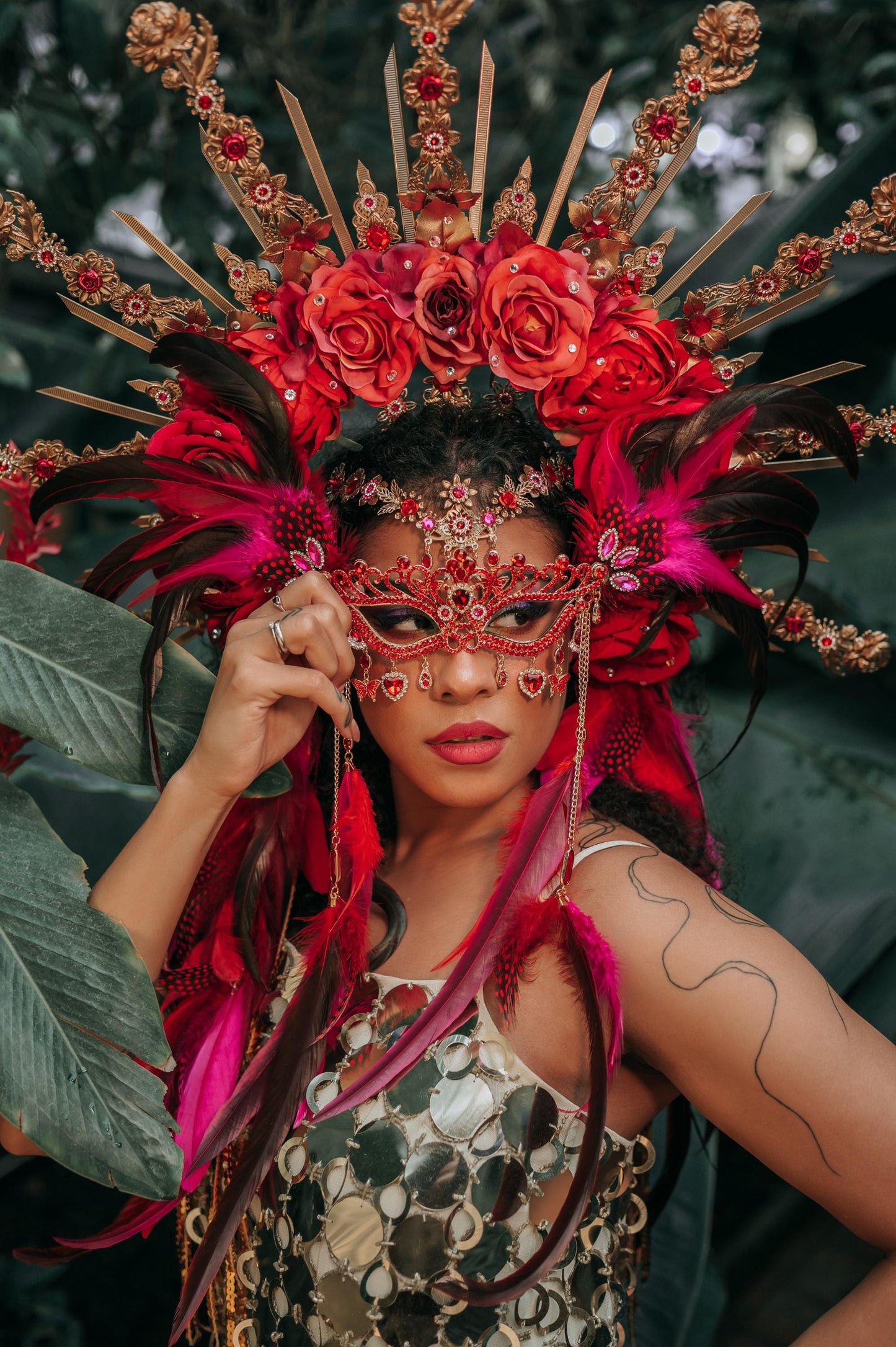 Red Floral Mask, Carnival Festival Mask, Gold Showgirl Mask, Boho Costume Mask, Party Accessories, Feather Masquerade Mask