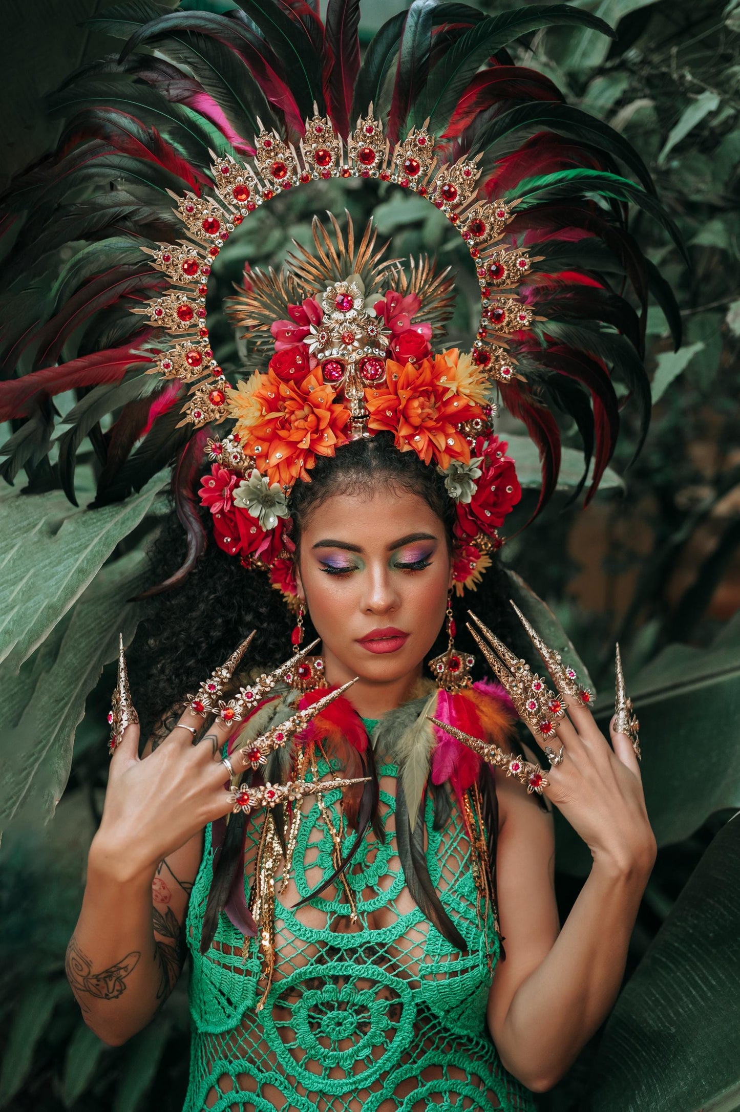 Carnival Skull Crown, Red Feather Tiara, Festival Flower Headpiece, Showgirl Carnival Crown, Party Costume Headpiece, Carnival Accessories