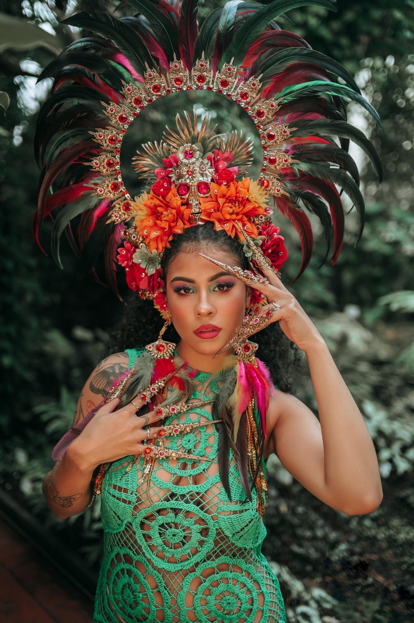 Carnival feather crown with skull and flowers