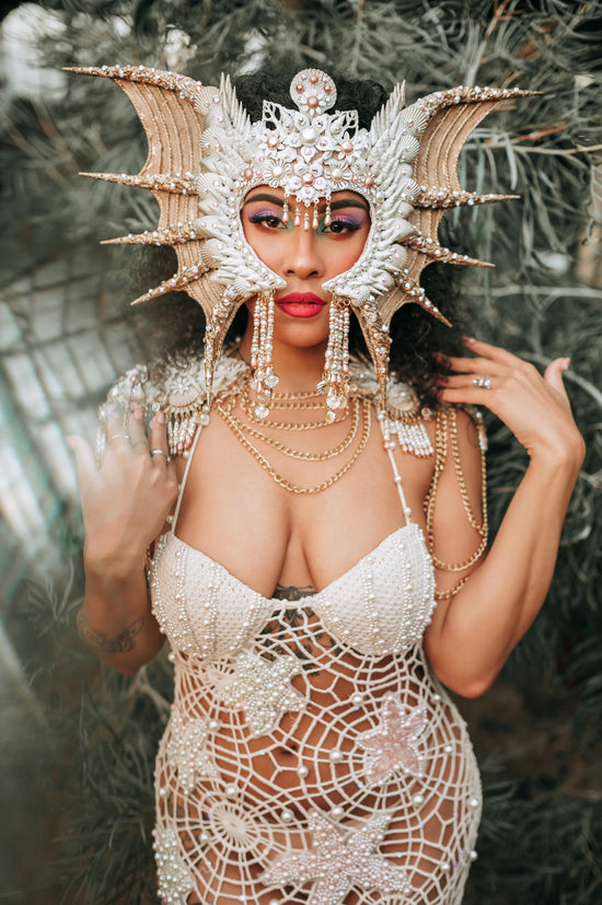 Mermaid Seashell Mask, Pearl Costume Mask, Festival Headpiece, Showgirl Carnival Mask, Gold Masquerade Mask, Boho Mermaid Accessories