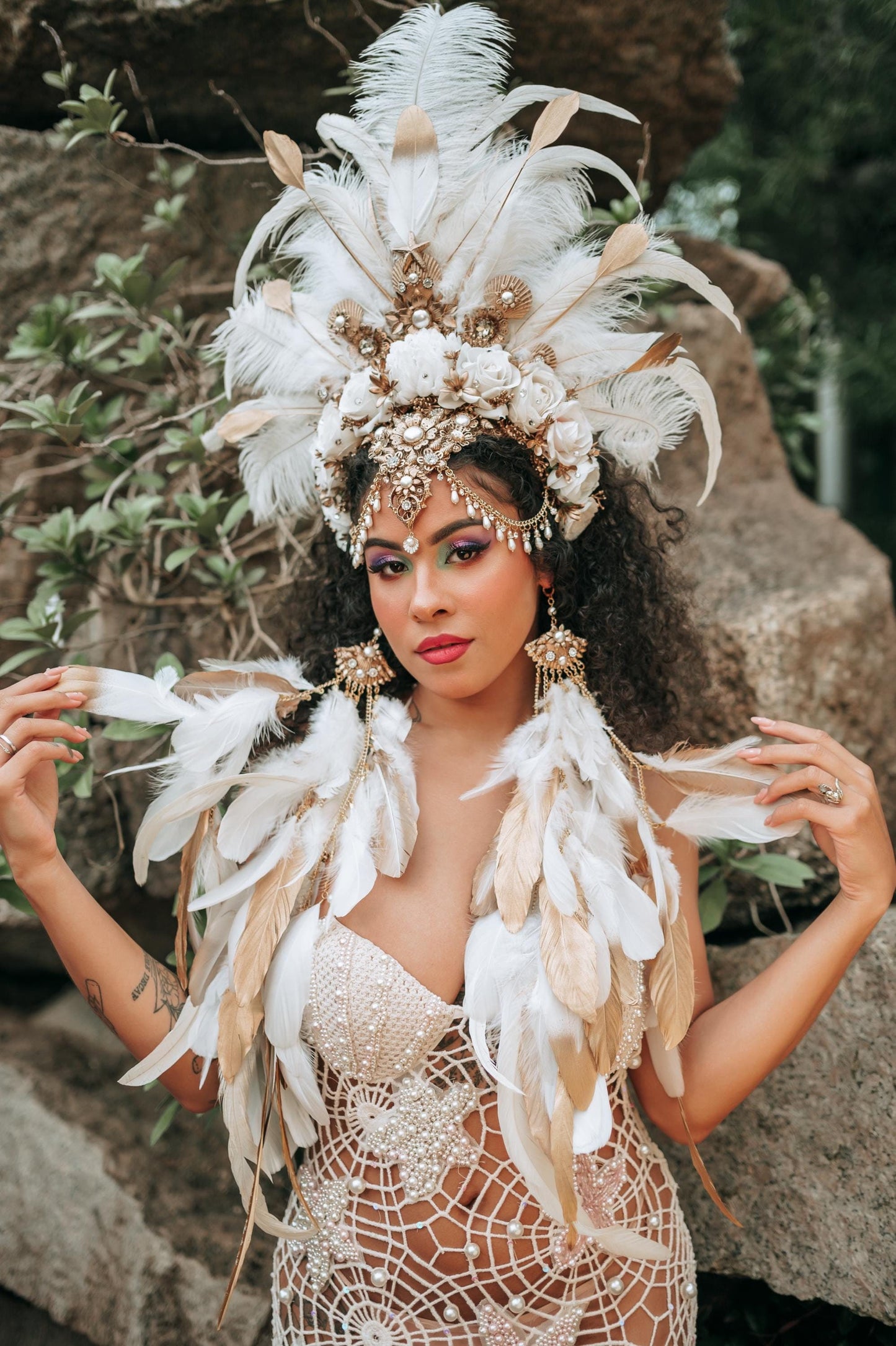 White long feather earrings and Carnival feather headpiece