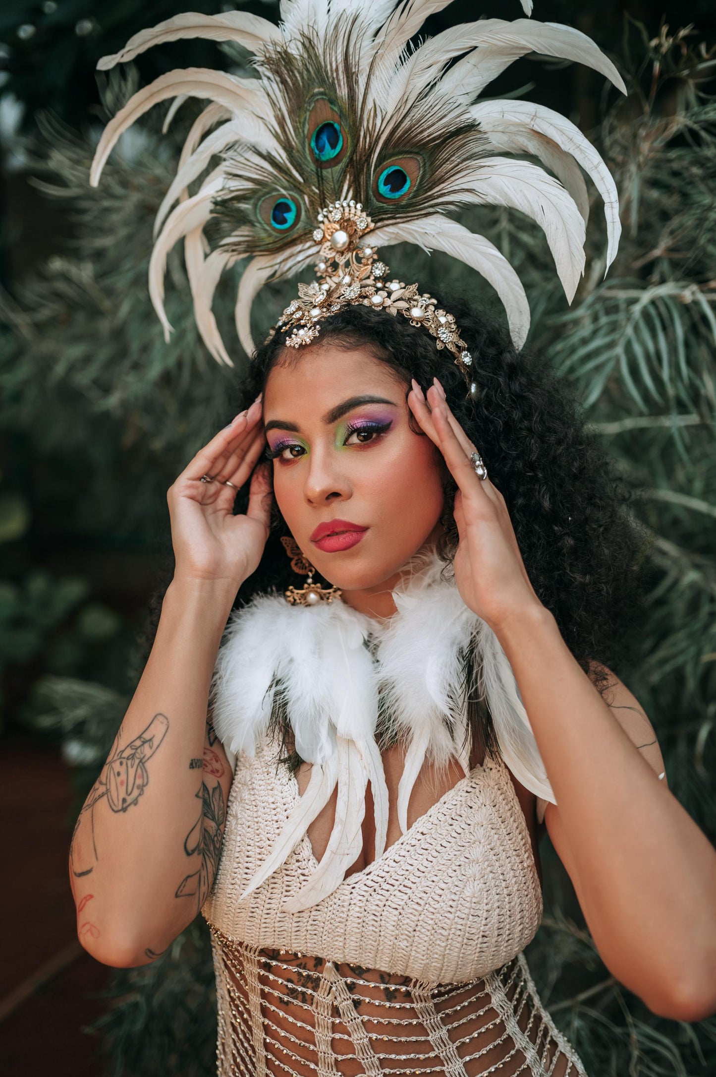 White Feather Earrings, Peacock Festival Earrings, Gold Showgirl Jewelry, Boho Carnival Accessories, Party Statement Earrings