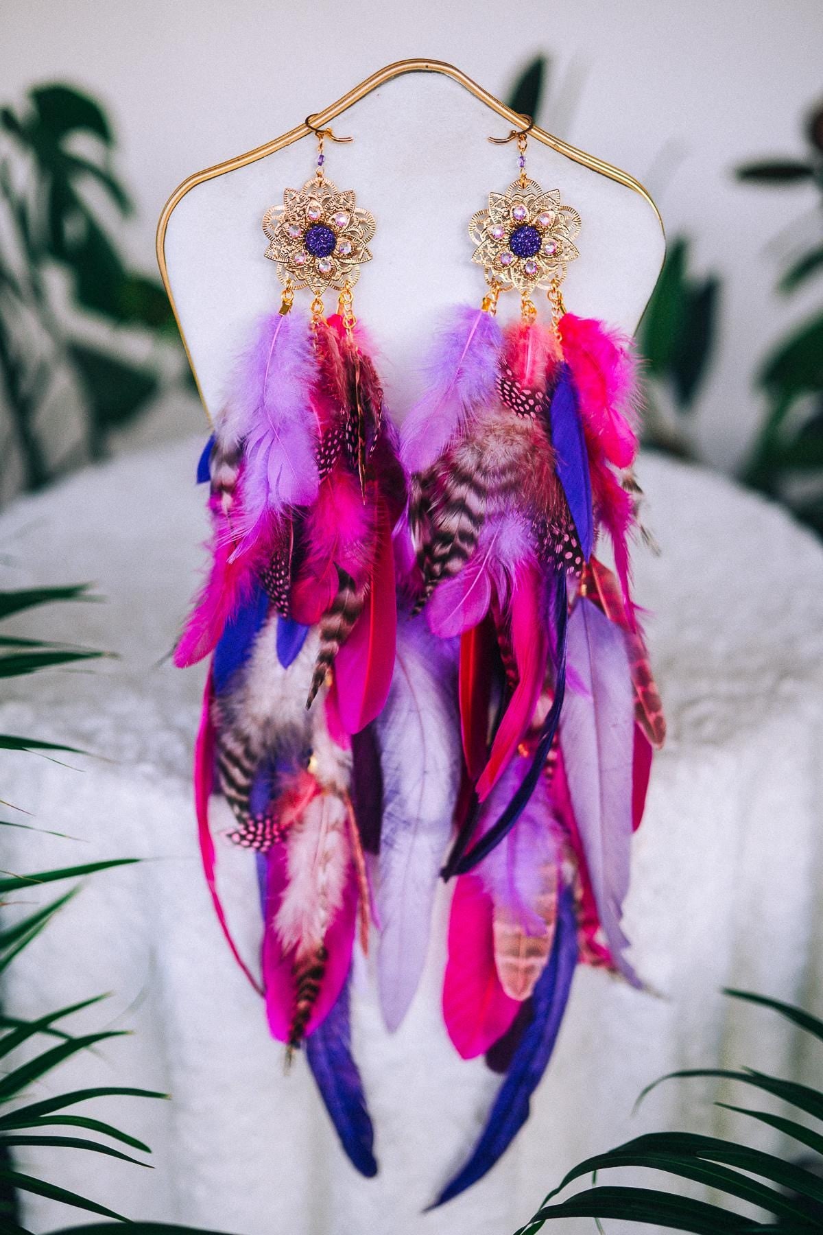 Carnival Feather Earrings, Pink and Purple Festival Jewelry, Gemstone Costume Earrings, Boho Showgirl Earrings, Statement Party Earrings