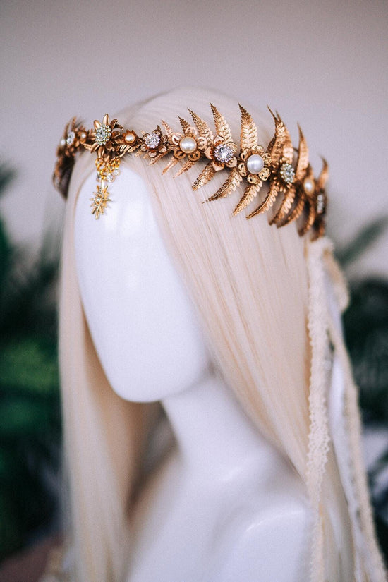 Gold tiara with fern leaves