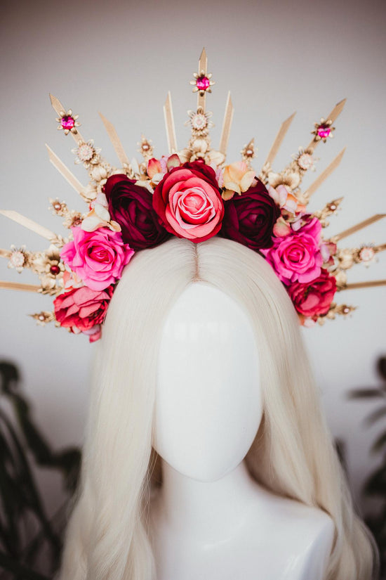 Flower halo crown, Red flower crown, Gold goddess headpiece, Wedding crown, Bridal headpiece, Gold crown, Gold halo crown