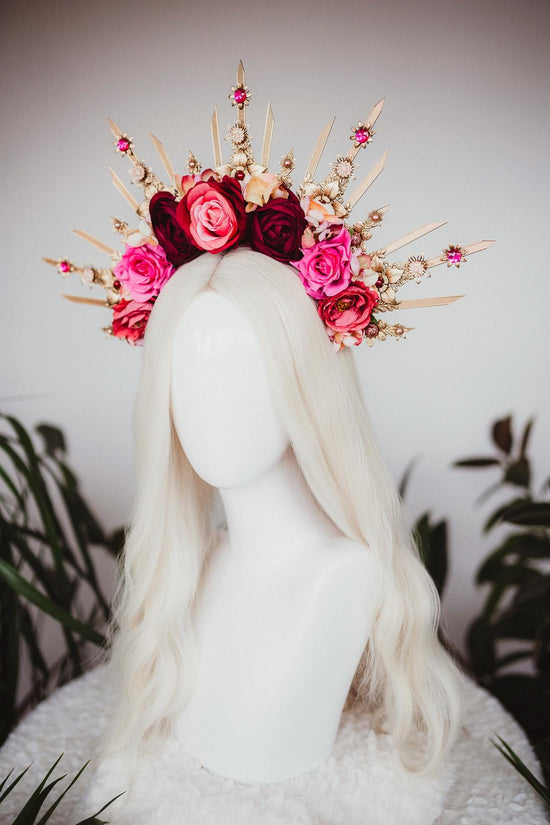 Flower halo crown, Red flower crown, Gold goddess headpiece, Wedding crown, Bridal headpiece, Gold crown, Gold halo crown