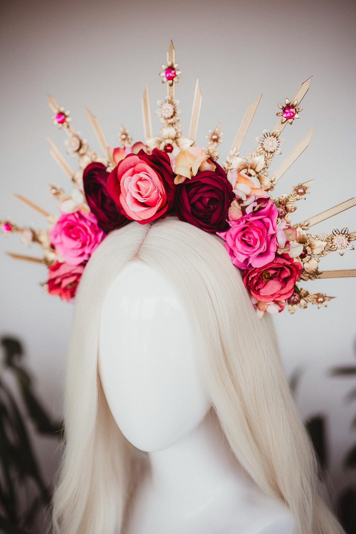 Flower halo crown, Red flower crown, Gold goddess headpiece, Wedding crown, Bridal headpiece, Gold crown, Gold halo crown