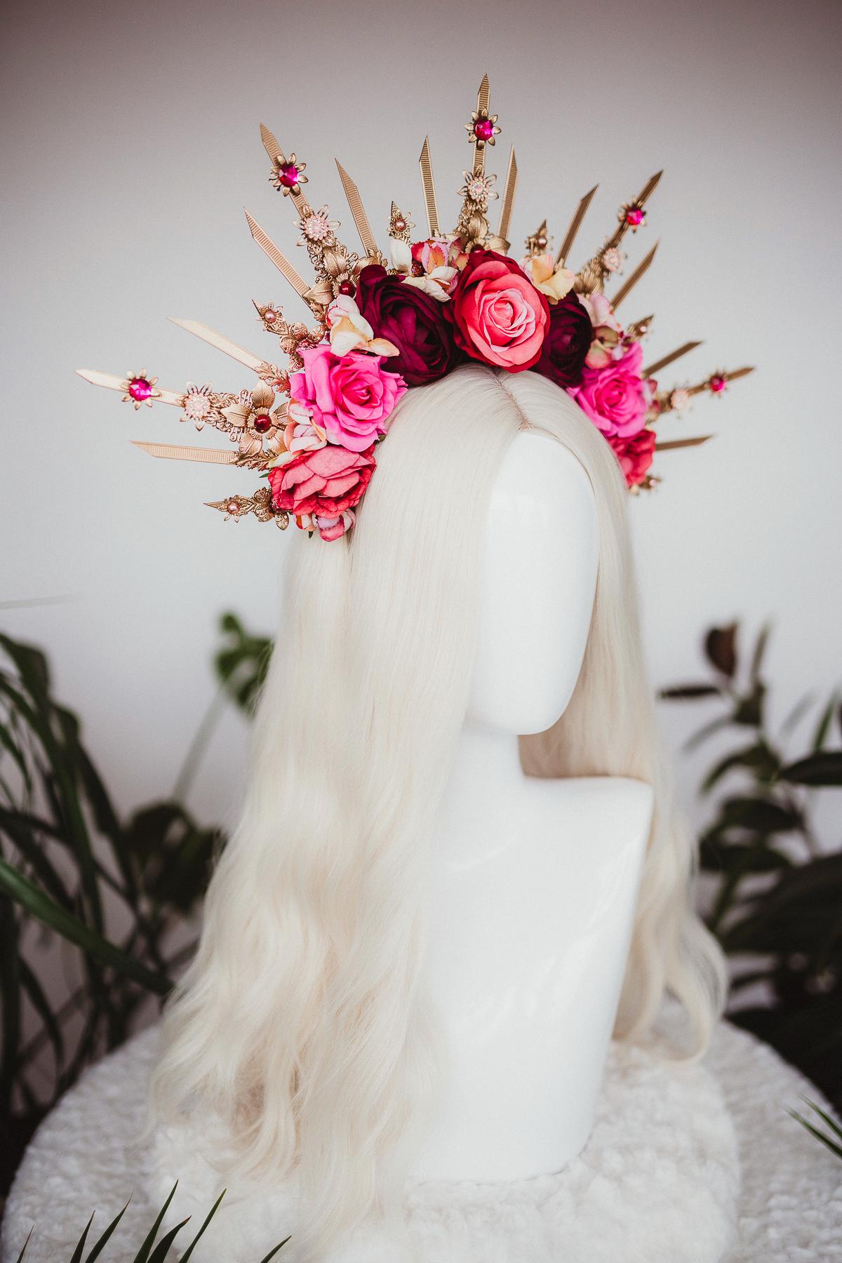 Flower halo crown, Red flower crown, Gold goddess headpiece, Wedding crown, Bridal headpiece, Gold crown, Gold halo crown