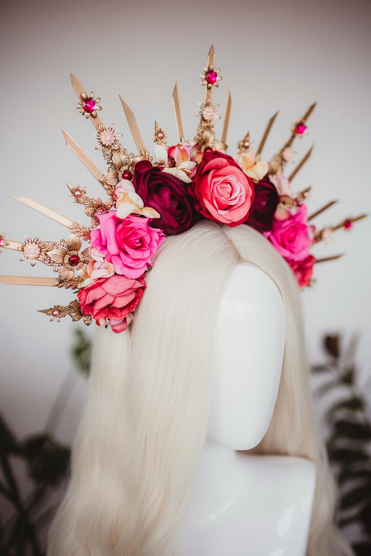 Flower halo crown, Red flower crown, Gold goddess headpiece, Wedding crown, Bridal headpiece, Gold crown, Gold halo crown