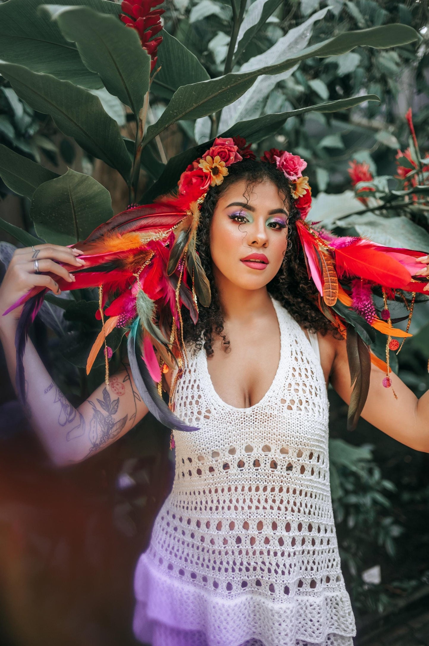 Colorful Carnival feather headpiece with flowers