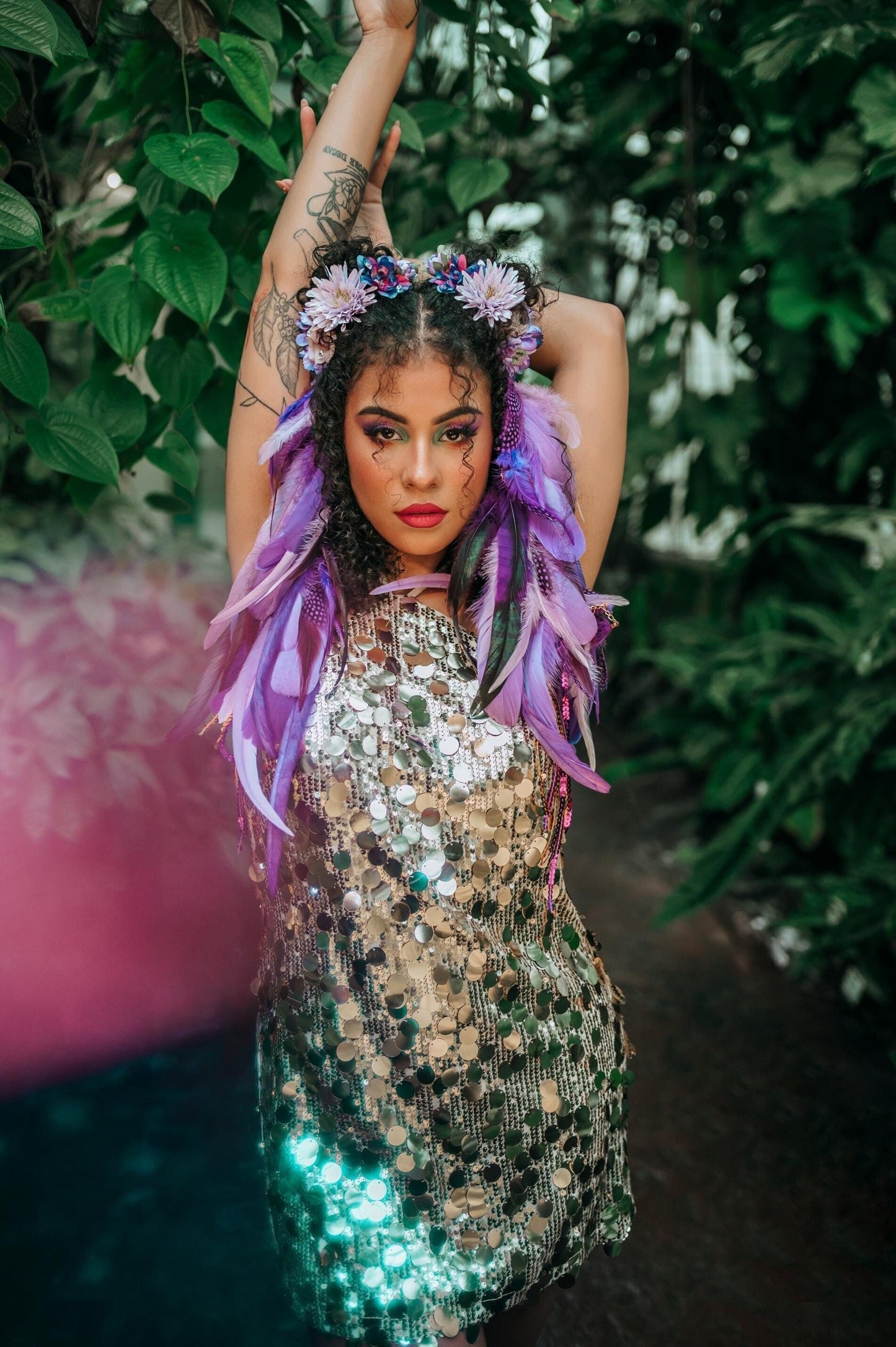 Purple Carnival hair clips with feather and flowers