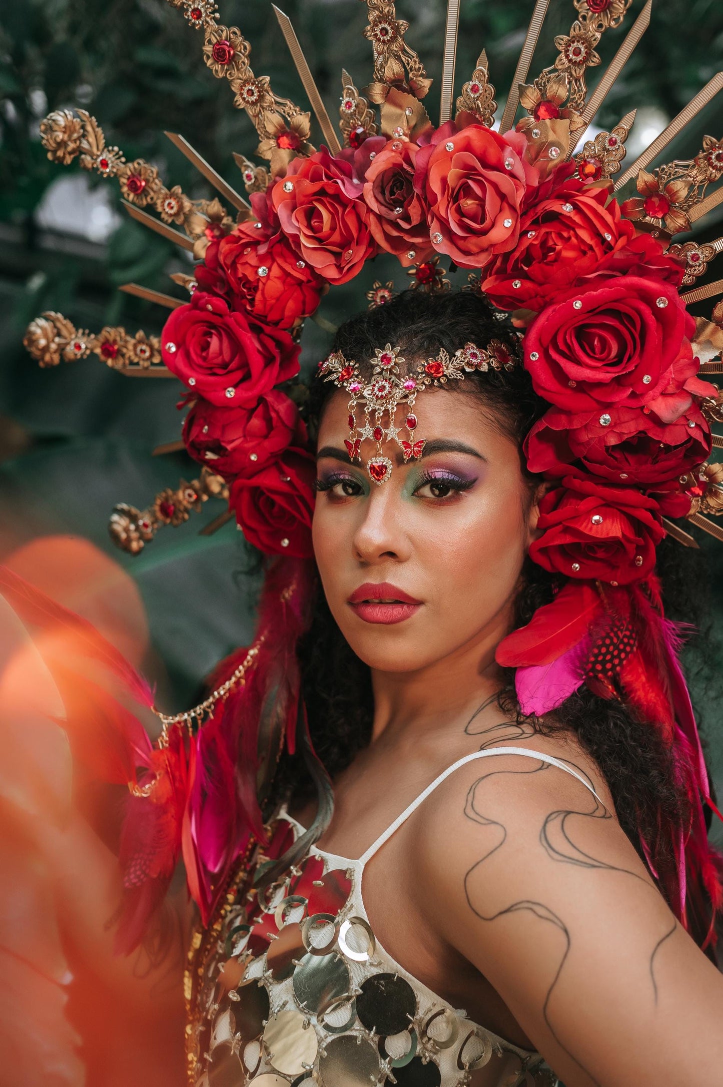 Red Floral Mask, Carnival Festival Mask, Gold Showgirl Mask, Boho Costume Mask, Party Accessories, Feather Masquerade Mask