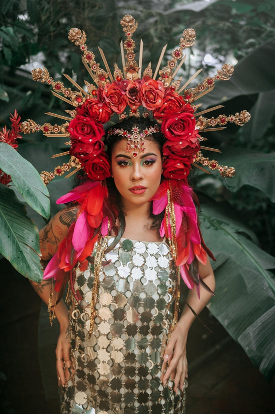 Red Carnival headpiece with flowers and feathers