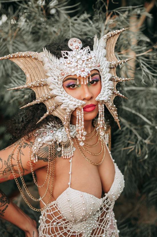 Gold Siren mask and sea shell necklace