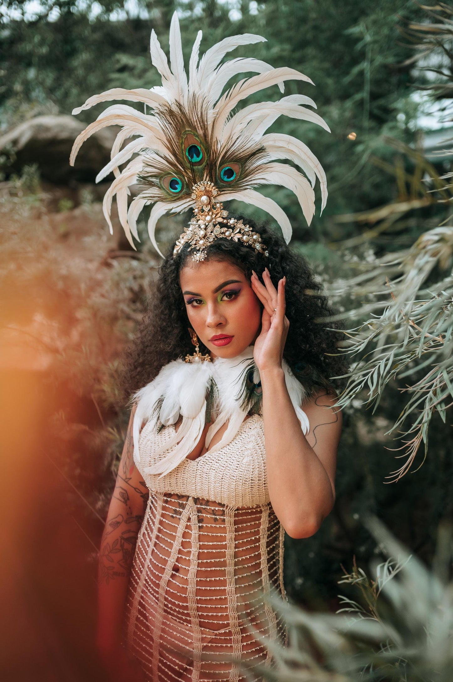 White Peacock Feather Crown, Boho Festival Headpiece, Gold Showgirl Tiara, Carnival Costume Crown, Statement Party Headpiece