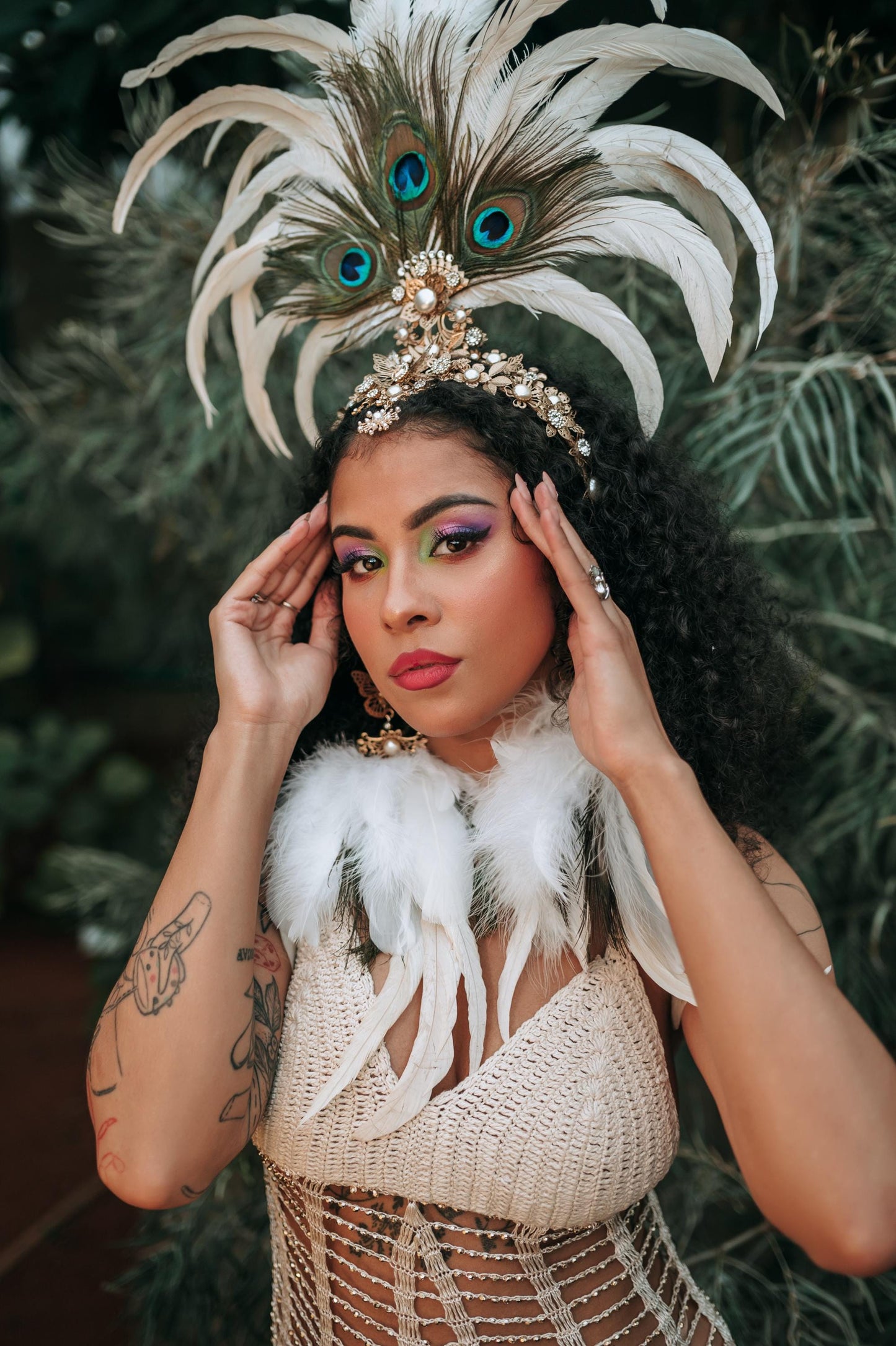 White Peacock Feather Crown, Boho Festival Headpiece, Gold Showgirl Tiara, Carnival Costume Crown, Statement Party Headpiece