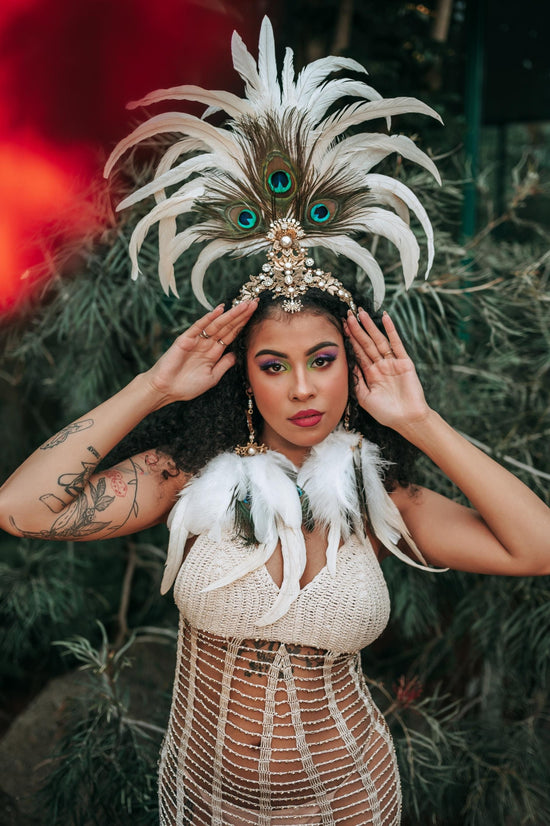 Long feather earrings and Carnival headpiece