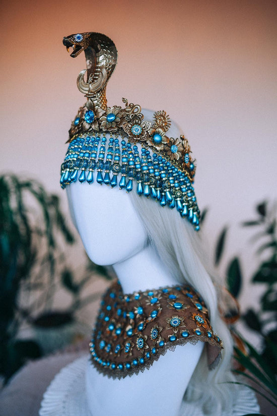 Golden Cobra Crown, Cleopatra Headdress, Turquoise Pearl Crown, Egyptian Goddess, Festival Accessory, Carnival Crown, Mardi Gras Headpiece