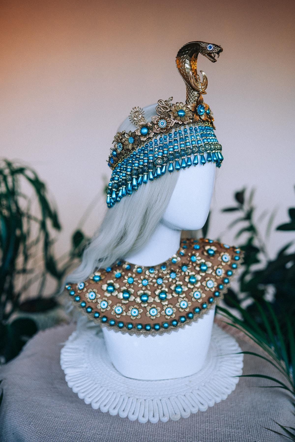 Golden Cobra Crown, Cleopatra Headdress, Turquoise Pearl Crown, Egyptian Goddess, Festival Accessory, Carnival Crown, Mardi Gras Headpiece