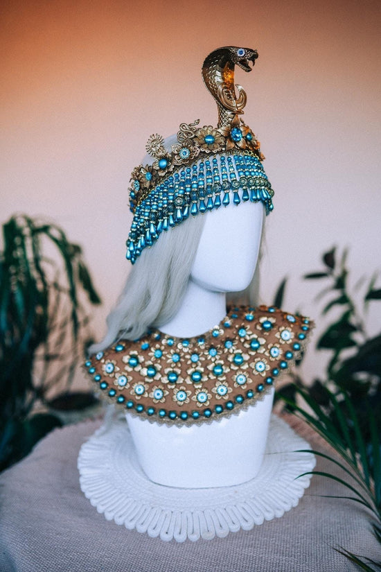 Gold Cleopatra crown with turquoise beads and necklace