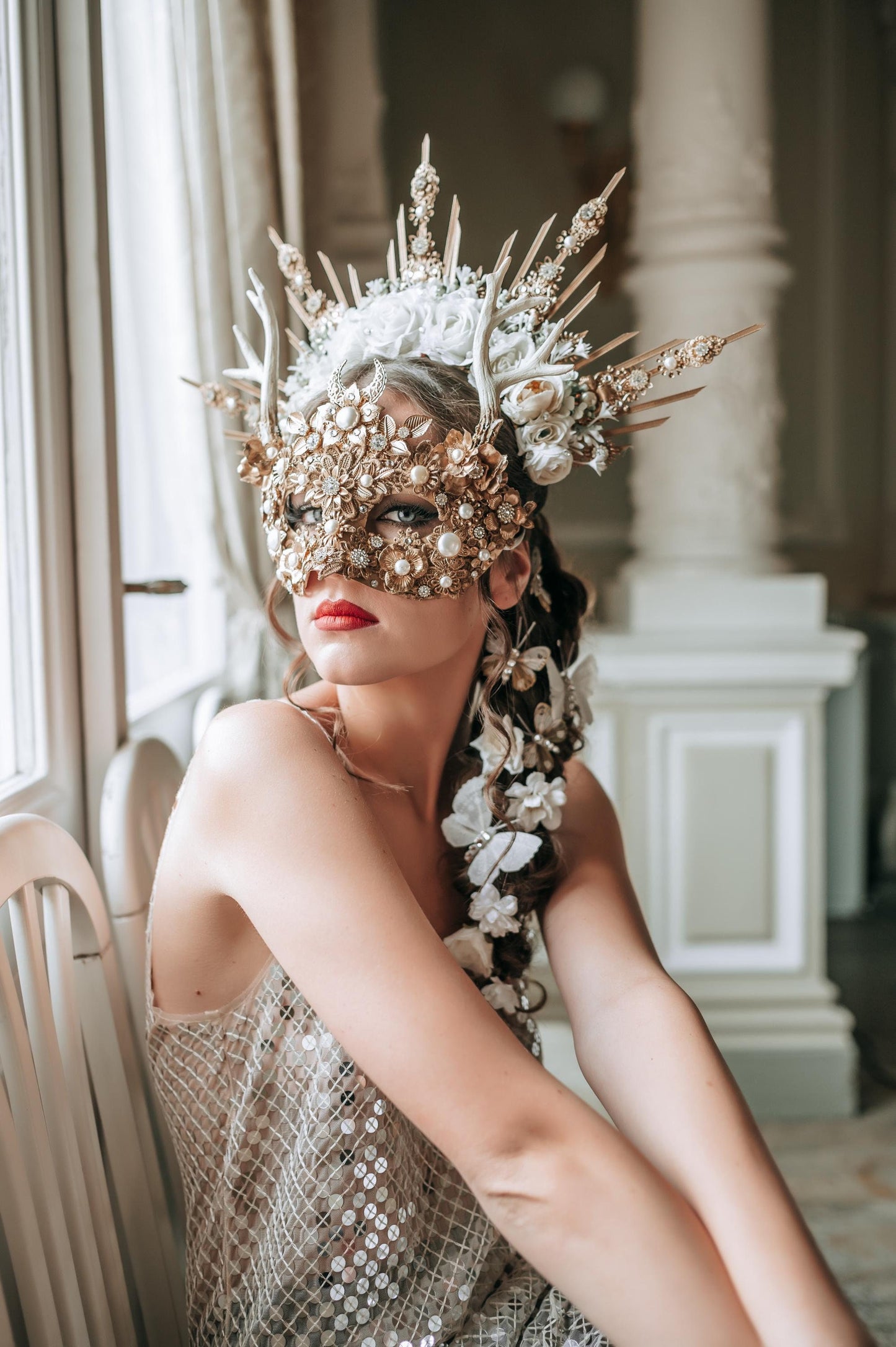 Venice Carnival mask, Halo crown and Flower hair pins