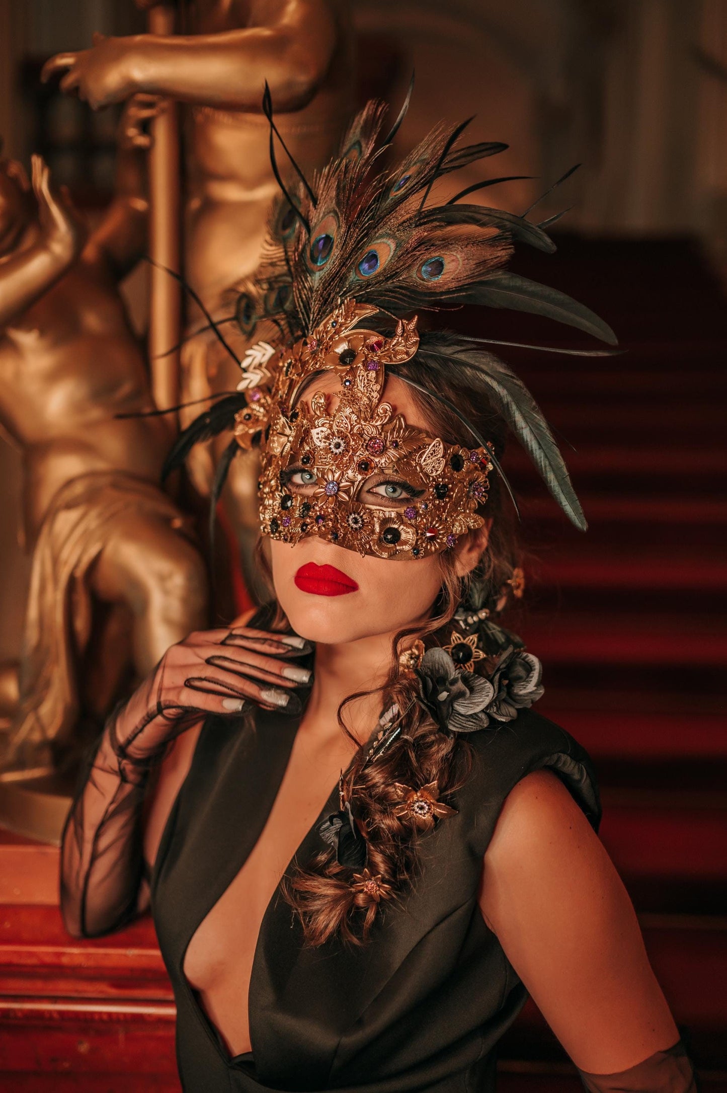 Venetian Carnival Gold mask with Peacock feathers and flower hair pins