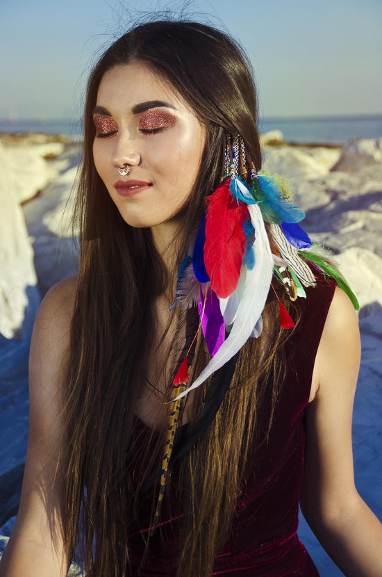 Rainbow Feather Hair Clip, Boho Festival Hair Accessory, Multicolor Natural Feather Headpiece, Handmade Carnival Costume Clip