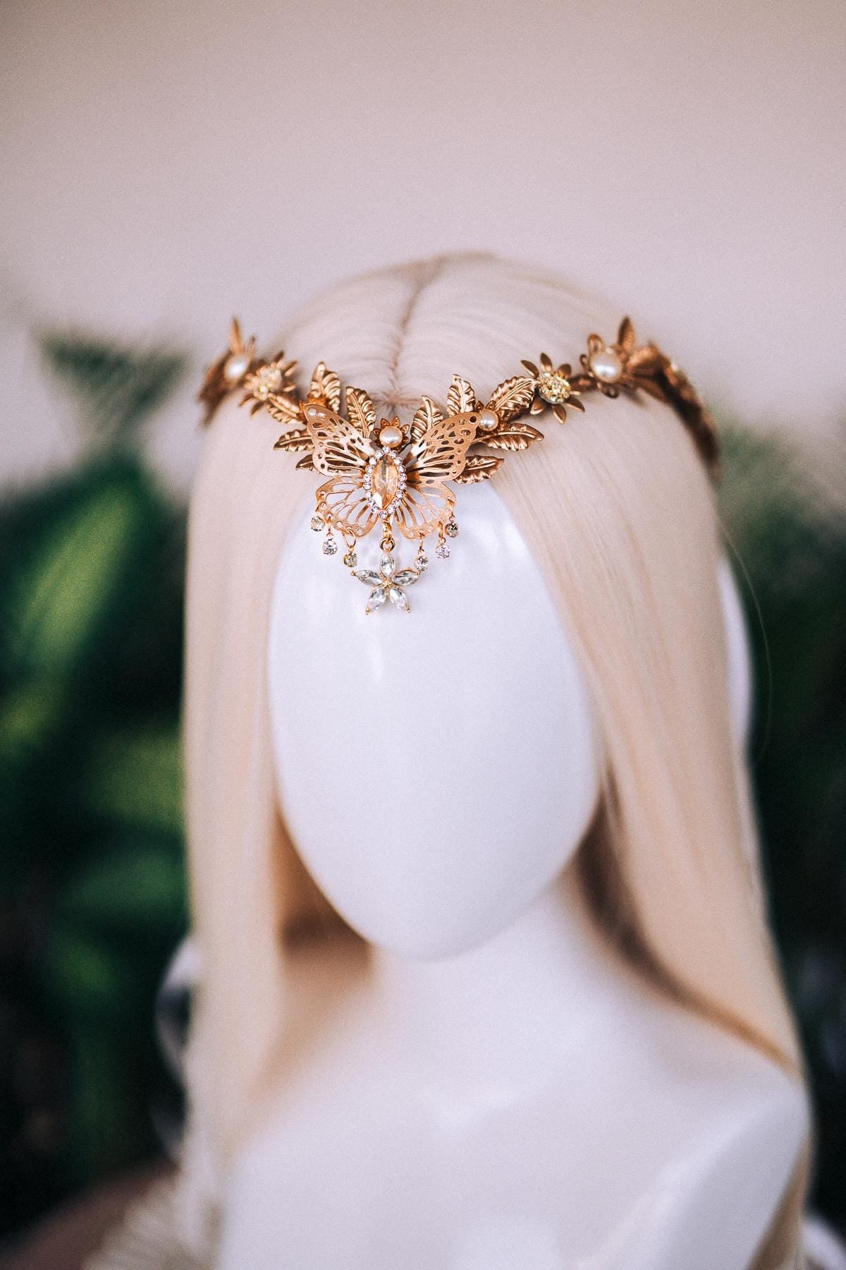 Gold crown with beige rhinestones, Butterfly crown, Butterfly headpiece, Wedding crown, Bridal headpiece, Fairy crown, Elven crown