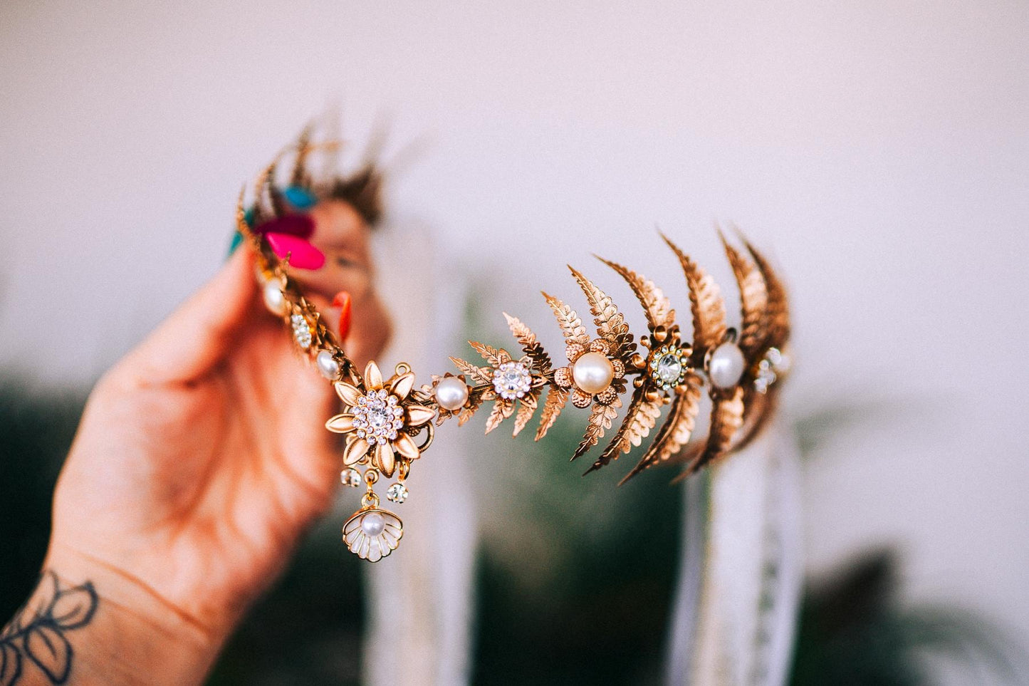 Gold tiara with fern leaves