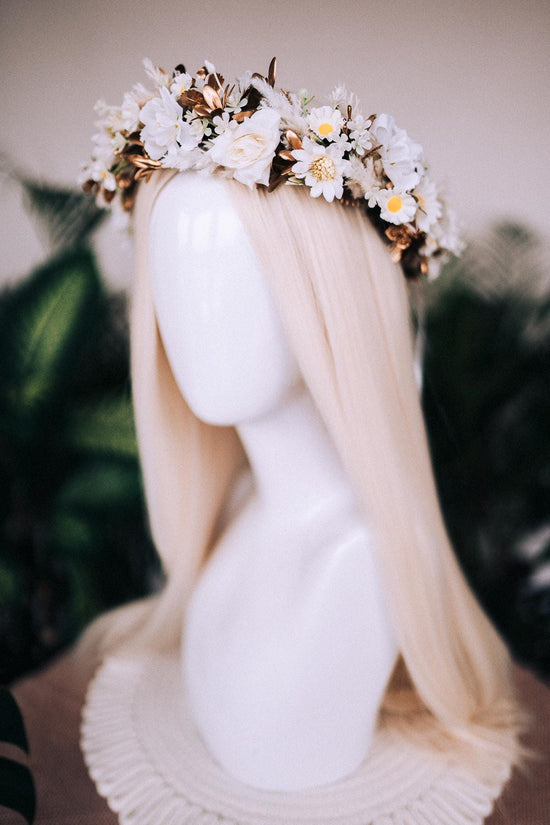 White flower crown, Gold flower crown, Flower hair wreath, Wedding crown, Bridal crown, Flower crown, Flower headband, Boho style