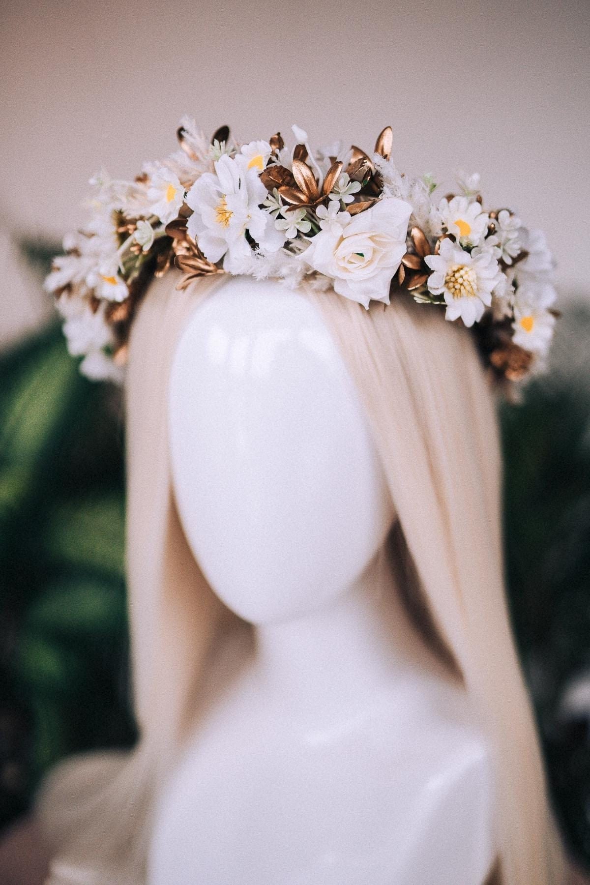 Beige wedding flower crown in boho style