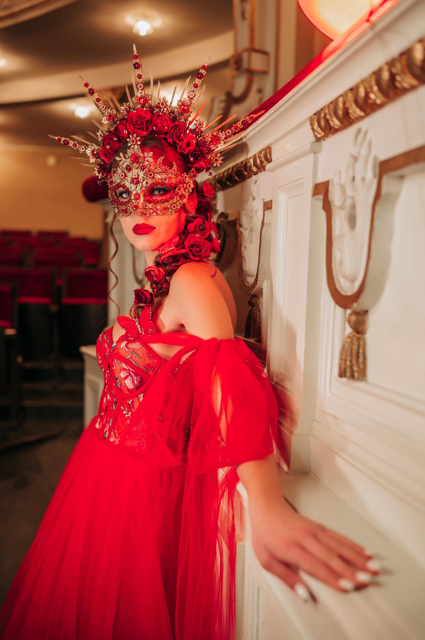 Red Floral Halo Crown, Spiked Headpiece with Roses and Crystals, Luxury Headdress for Masquerade Balls, Festivals, Weddings & Special Events