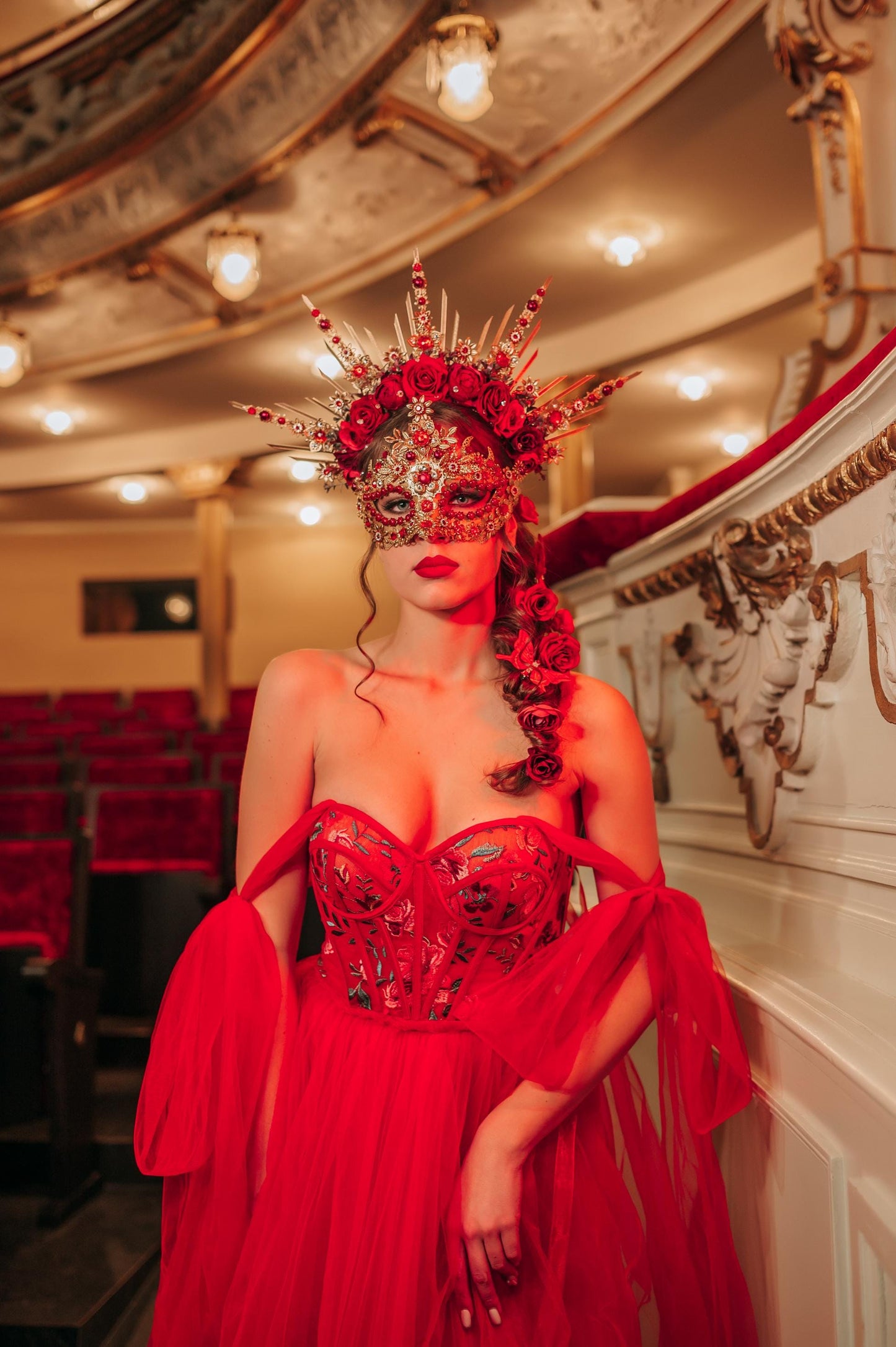 Red Gold Masquerade Mask, Luxury Floral Mask with Crystals, Elegant Carnival Accessory for Balls, Festivals, Weddings & Costume Events