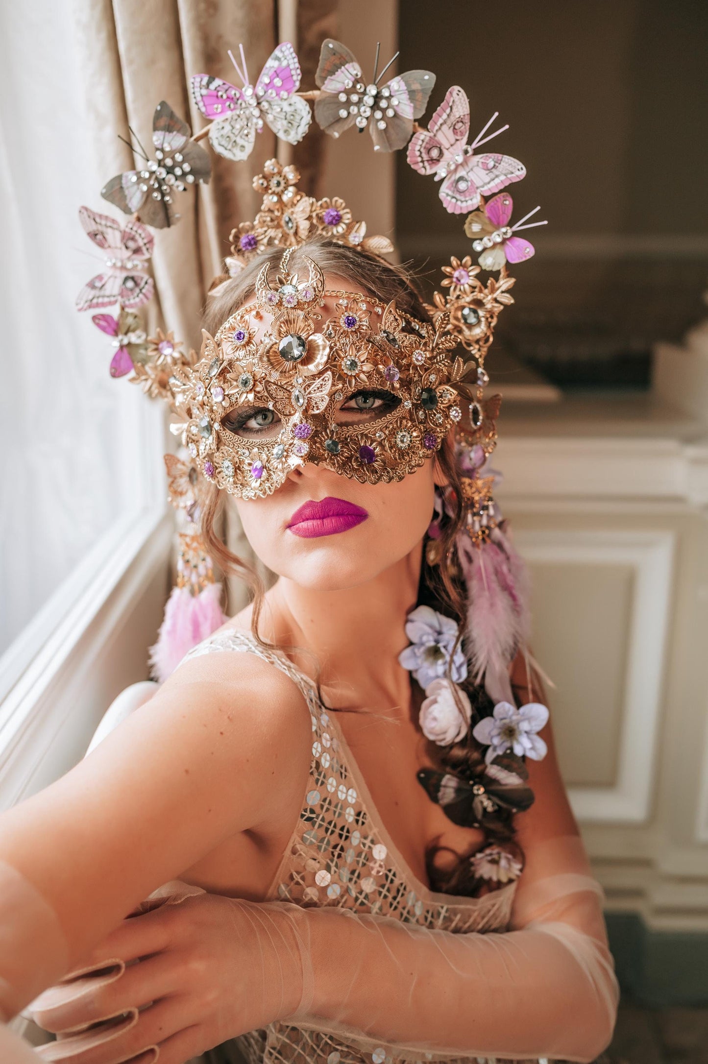 Venetian face mask, Halo crown with butterflies, flower hair pins