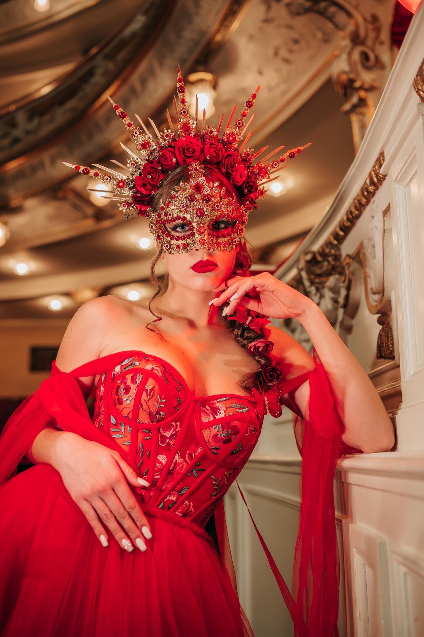 Red roses halo crown, Venetian mask and flower hair pins