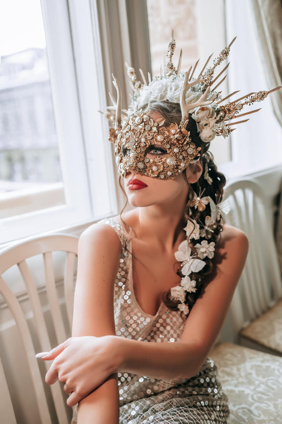 Venetian mask, Halo crown and flower hair pins