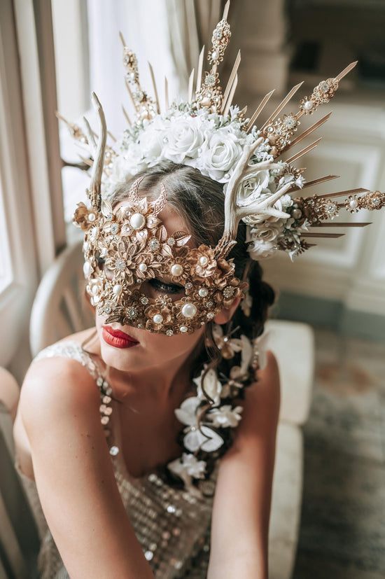 Golden Antler Mask, Venetian Masquerade Mask, Antler Pearl Mask, Elegant Gold Mask, Floral Wedding Mask, Carnival Antler Mask, Venetian Mask