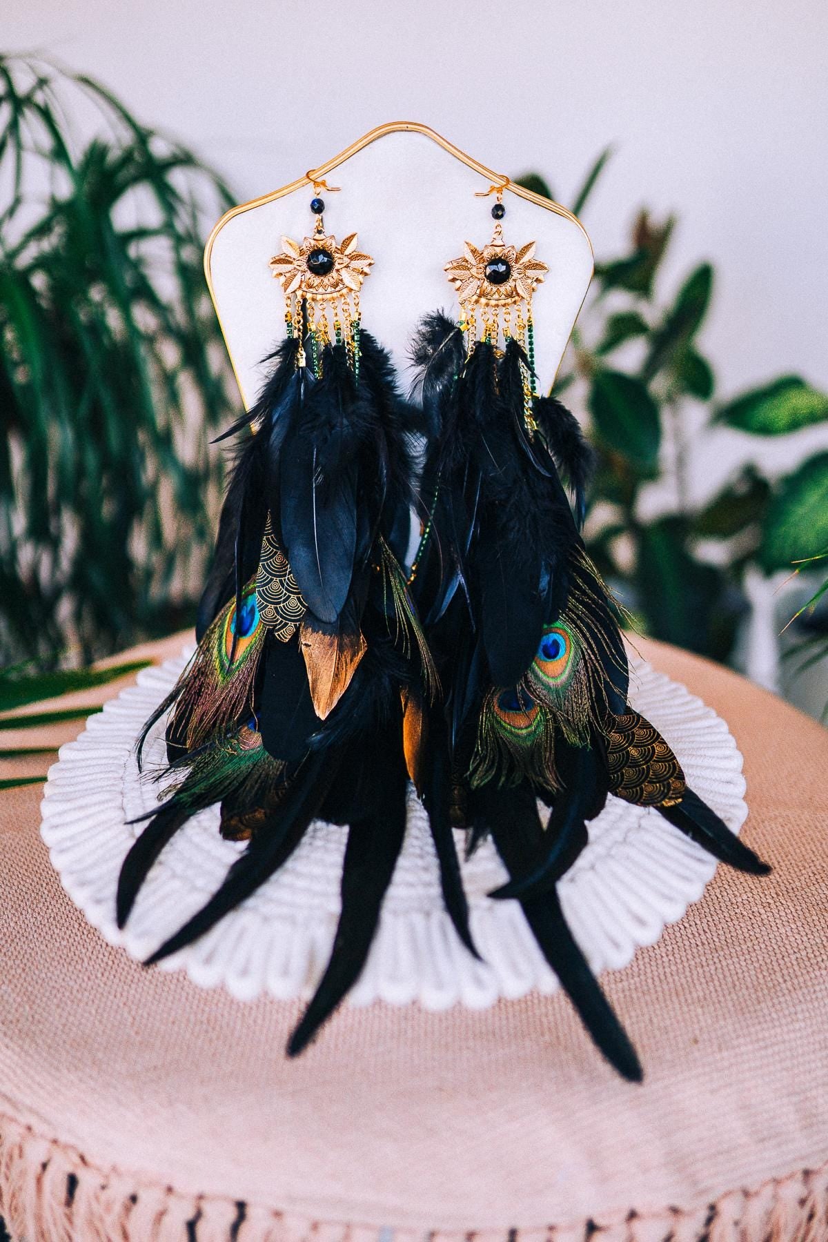 Peacock Feather Earrings, Black Festival Earrings, Gold Showgirl Jewelry, Carnival Costume Accessories, Boho Statement Earrings