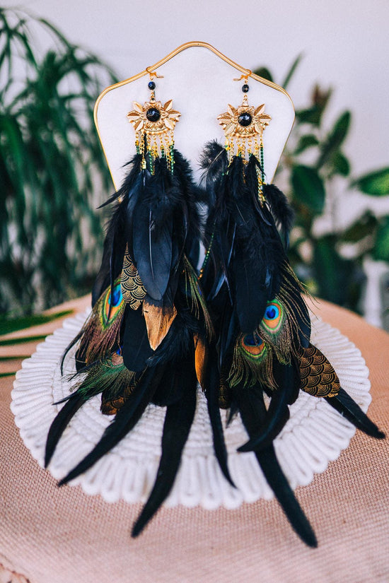 Peacock Feather Earrings, Black Festival Earrings, Gold Showgirl Jewelry, Carnival Costume Accessories, Boho Statement Earrings