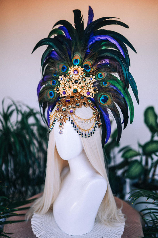 Carnival Peacock Feather Crown, Festival Headpiece with Earrings, Burlesque Showgirl Costume, Boho Peacock Tiara, Party Costume Accessories