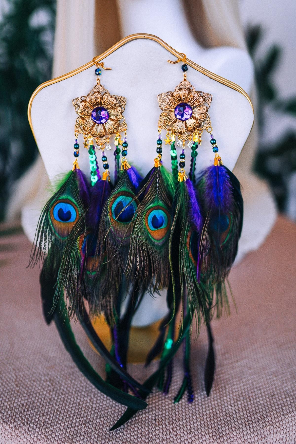 Peacock Feather Earrings, Festival Earrings, Burlesque Showgirl Jewelry, Boho Statement Earrings, Carnival Costume Accessories