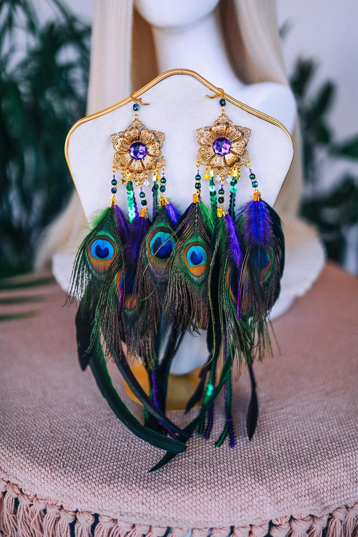 Peacock Feather Earrings, Festival Earrings, Burlesque Showgirl Jewelry, Boho Statement Earrings, Carnival Costume Accessories