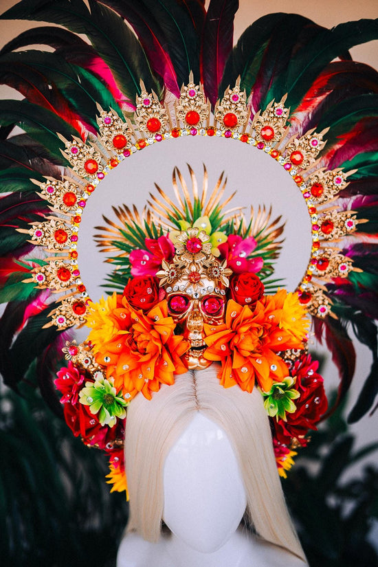 Carnival Skull Crown, Red Feather Tiara, Festival Flower Headpiece, Showgirl Carnival Crown, Party Costume Headpiece, Carnival Accessories