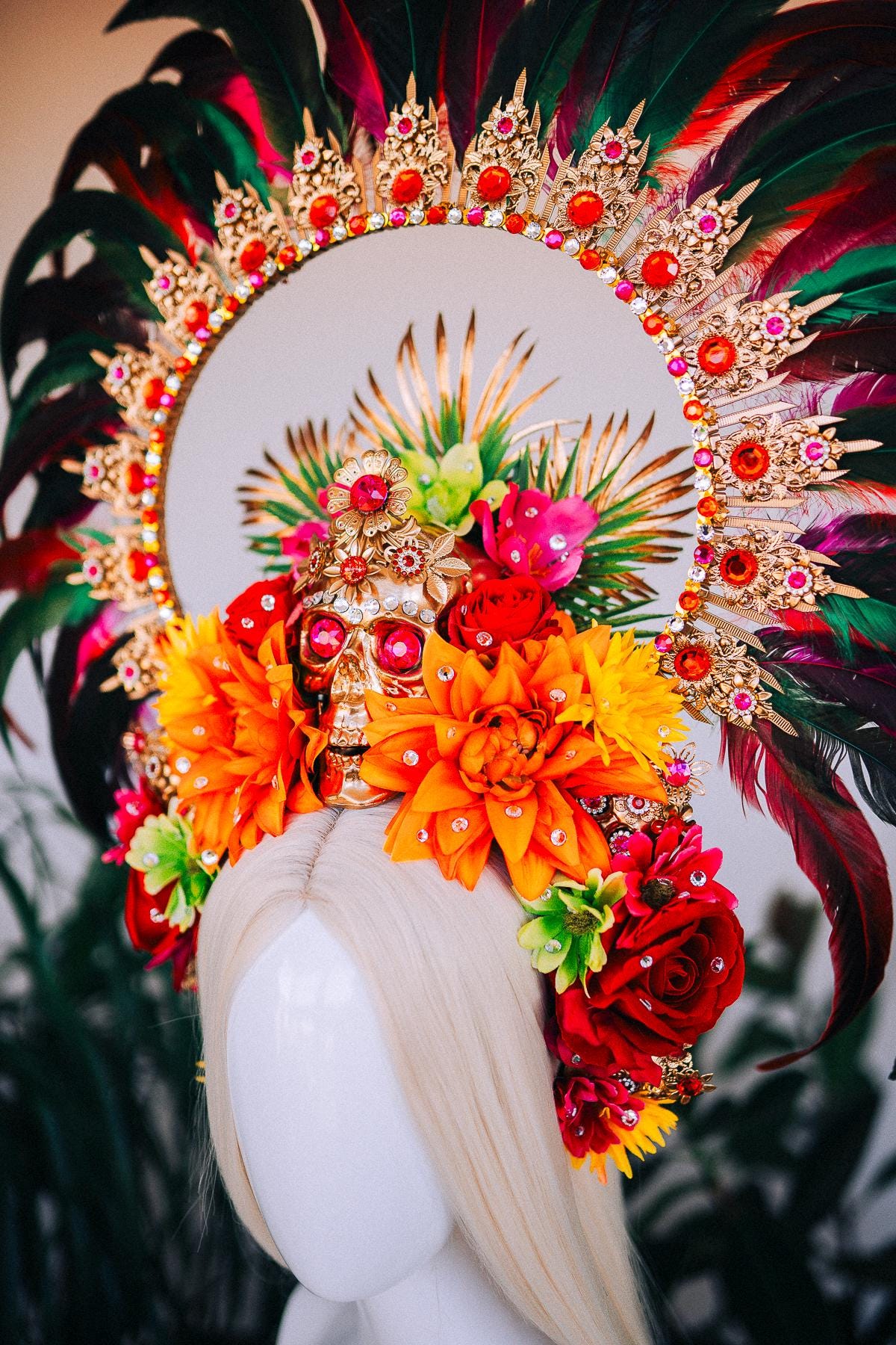 Carnival Skull Crown, Red Feather Tiara, Festival Flower Headpiece, Showgirl Carnival Crown, Party Costume Headpiece, Carnival Accessories